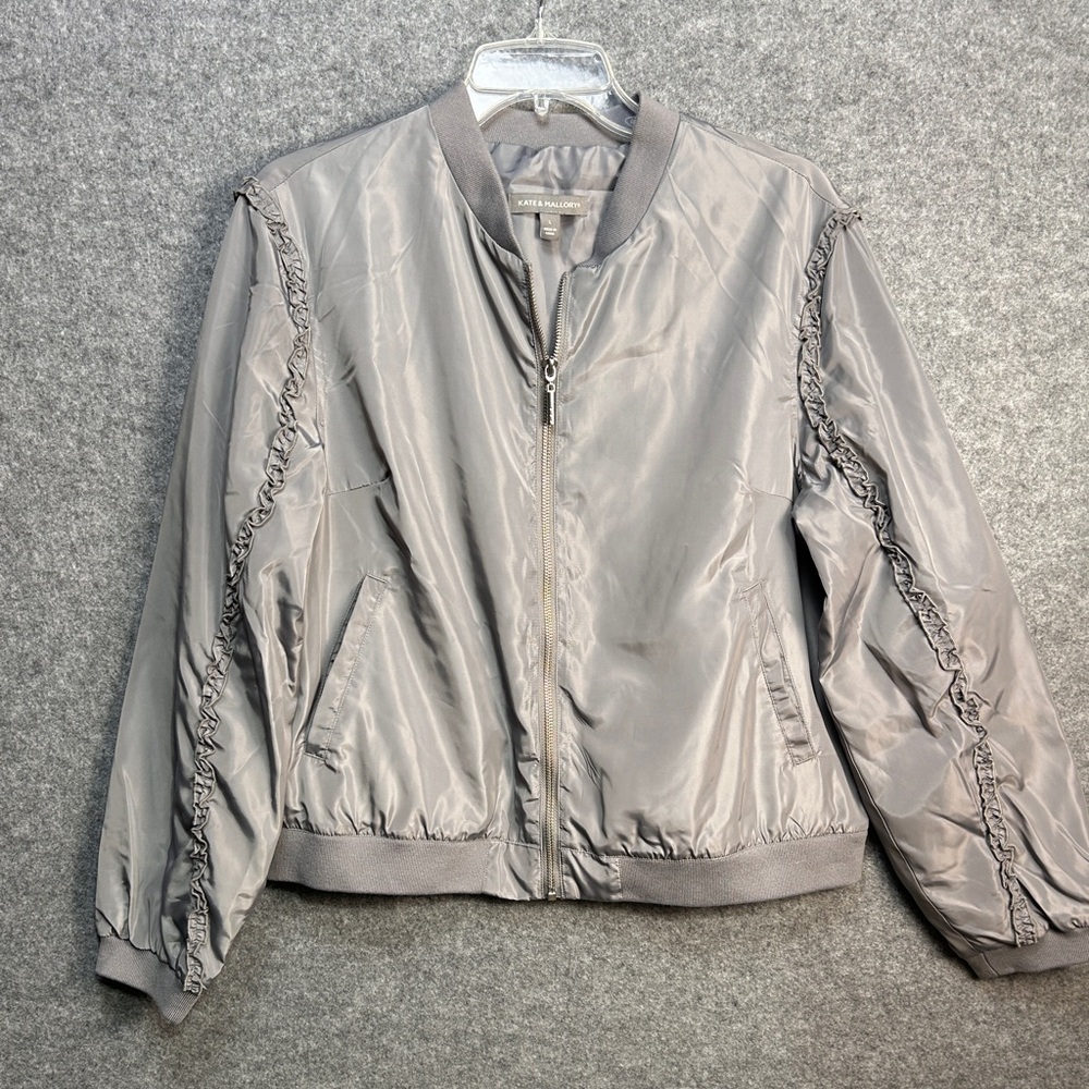 Kate & Mallory Womens L Silver Ruffled Bomber Jacket Coquette Y2K Streetwear New